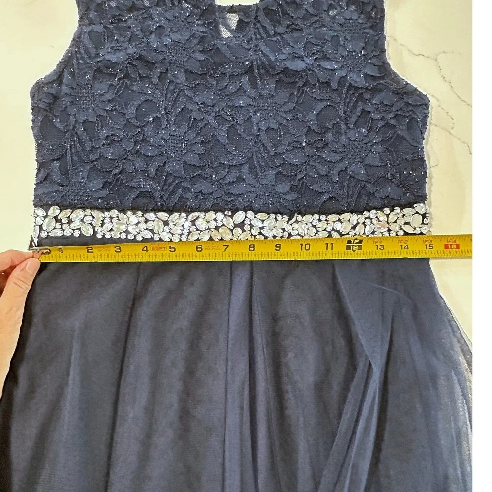 NEW Speechless Girls Navy Blue Lace Tulle Formal‎ Dress Rhinestone Belt 16.5